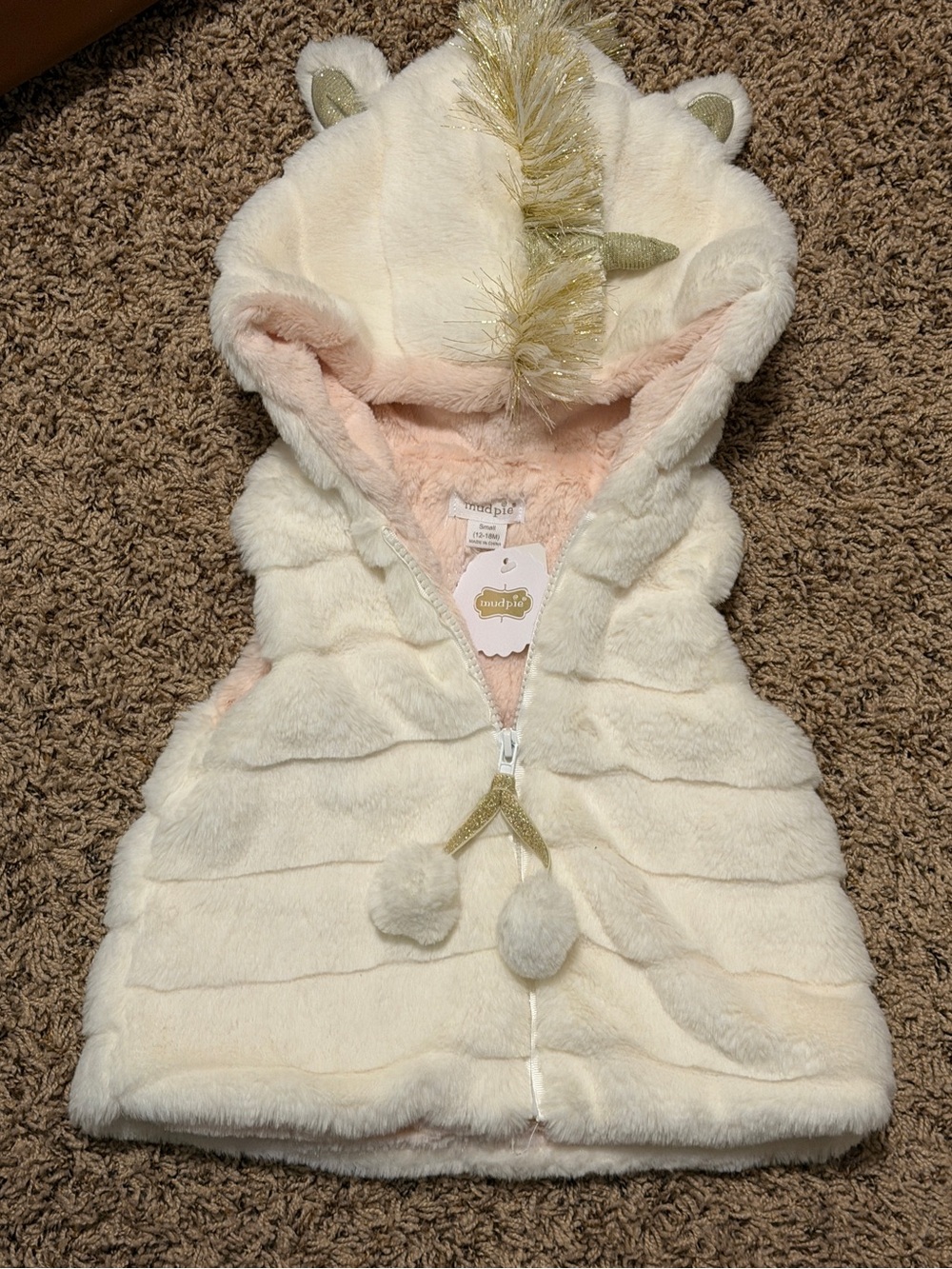 Mud Pie Ivory and Pink Unicorn Faux Fur Hooded Vest - 12-18 mo